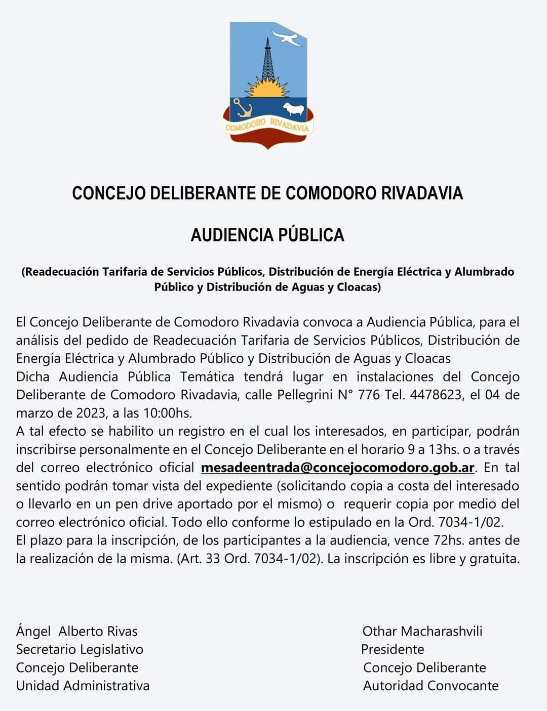 CONCEJO DELIBERANTE CONVOCA AUDIENCIA PÚBLICA